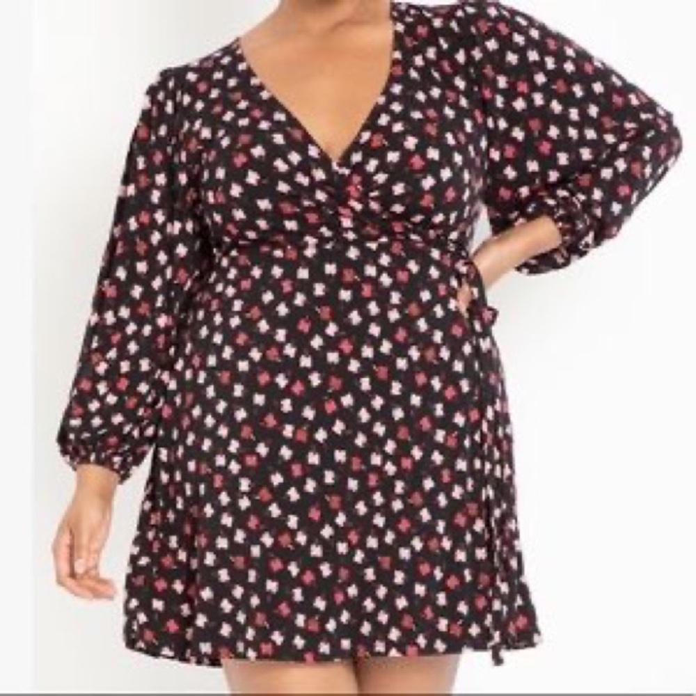 Elloquii Plus Size Long Sleeve Wrap Dress, size 22, black and pink Tulip Floral